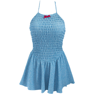 温泉泳衣女2026新款连体遮肚裙式露背纯欲打揽挂脖海边度假风蓝色