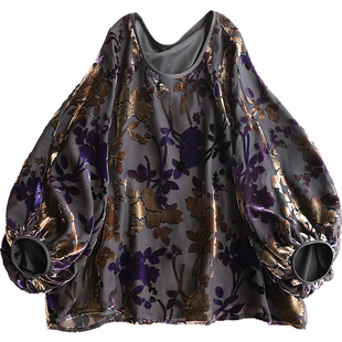 云澍 真丝绒烂花新中式气质国风宽松大码圆领灯笼袖上衣T恤女秋冬