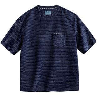 马登工装 美式复古针织提花波浪纹T恤肌理感咔叽宽松短袖体恤男夏