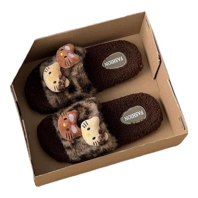 2025新款HelloKitty猫豹纹毛毛棉拖鞋女冬季家居室内保暖毛绒鞋