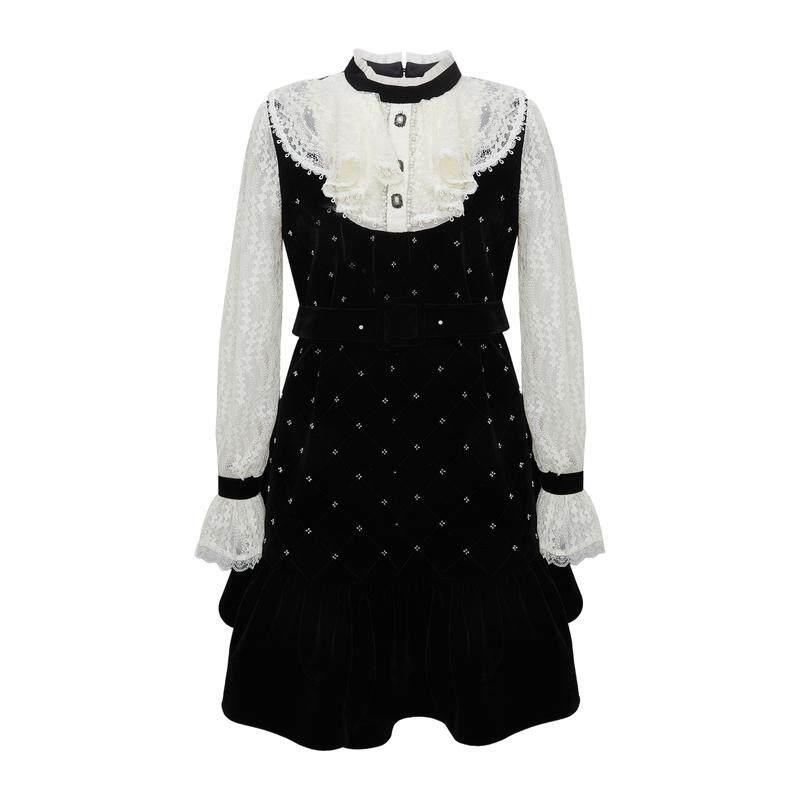 LULUALWAYS【商场同款】冬季新款气质优雅重工收腰平绒长袖裙子女