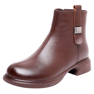 真皮短靴女2025新款春秋单靴女士冬季加绒大码宽胖脚棉靴子41一43