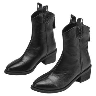 星期六棕色短靴美拉德西部牛仔靴尖头短筒靴高跟皮靴女款靴子女靴