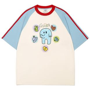 GUUKA潮牌小象短袖T恤男夏撞色拼接条纹半袖重磅纯棉插肩袖上衣女