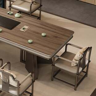 新疆包邮木纹岩板大板茶桌椅组合一桌五椅新中式茶几办公室家用泡