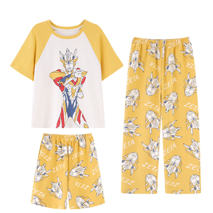 儿童睡衣男童三件套短袖长裤家居服纯棉夏季中大童卡通青少年套装