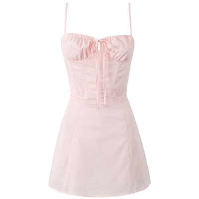 法式A字裙纯色系带小个子连衣裙