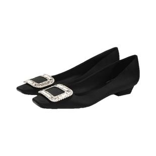 RV平底真丝绸缎水钻浅口舒适瓢鞋粗跟方头单鞋女宴会高跟方扣女鞋