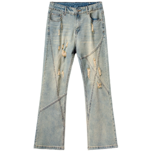 新因素水洗做旧休闲磨破牛仔裤微喇线条设计美式高街宽松vibe裤子