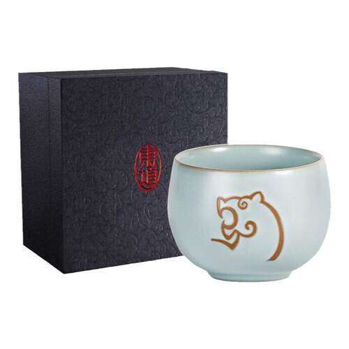 东道汝窑虎年生肖系列功夫茶具品茗主人杯可养汝瓷虎虎生威杯天青