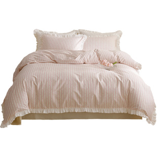 蜗牛塔｜春天来信｜粉色条纹手工抽褶荷叶边纯棉床品套件三四件套