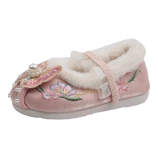 秋冬女童汉服鞋马面裙鞋绣花鞋老北京布鞋儿童加绒宝宝古风手工鞋