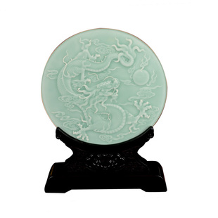 精品青瓷手工雕刻龙凤纹玉璧中式陶瓷家居客厅装饰摆件乔迁礼品