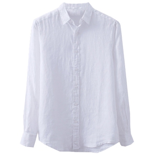 沙滩清新白色长袖纯亚麻衬衫男士休闲防晒舒适透气柔软麻料衬衣男