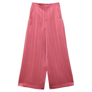 【醋纤混纺】阁兰秀2025秋季新品玫粉色竖条纹阔腿裤丝滑垂坠裤子