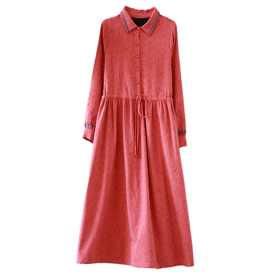 连衣裙亚麻棉刺绣加绒系带