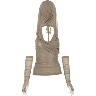 KLIOU 废土风复古卡其色连帽露背T恤女小众微透修身显瘦辣妹上衣