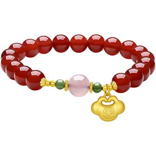 周六福红玛瑙手串和田玉如意手链女S925银新年礼物送女友