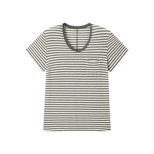 依凡芙天丝亚麻短袖女2026春夏圆领口袋打底衫简约条纹设计感T恤