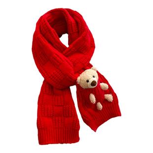 针织粗毛线小熊围巾女生冬季纯红色儿童短小围脖加厚保暖可爱少女