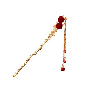 流苏绒花红色发簪结婚女新中式古风步摇盘发钗子缠花簪子头饰发卡