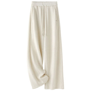 拉夏贝尔高端烫钻毛呢阔腿裤女秋冬季2025新款加绒直筒裤弯刀裤子