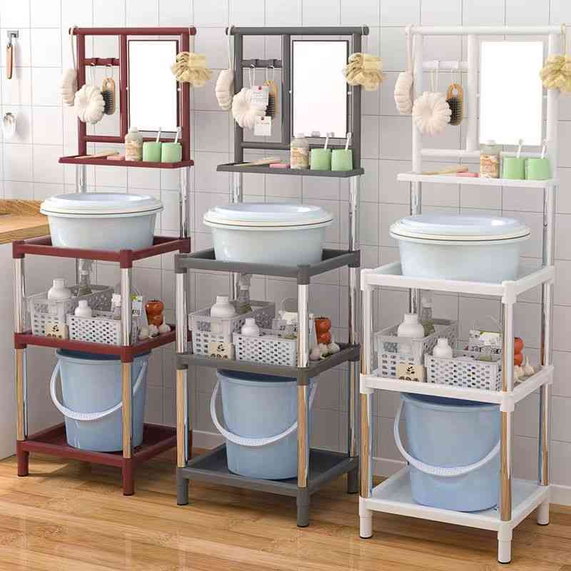 N5洗脸盆架子落地洗手间毛巾架加粗加厚支撑架多层带镜子浴室面盆