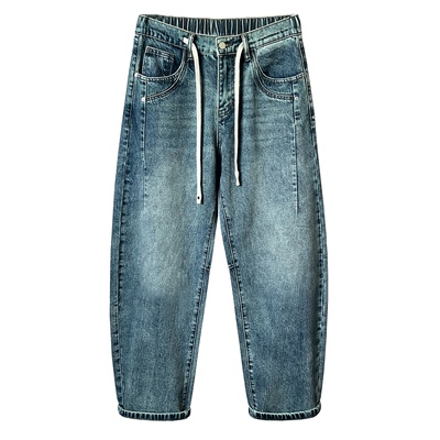 松紧腰抽绳小弯刀牛仔裤宽松长裤