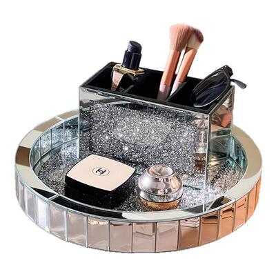 圆形可旋转化妆品收纳盒玻璃镶钻