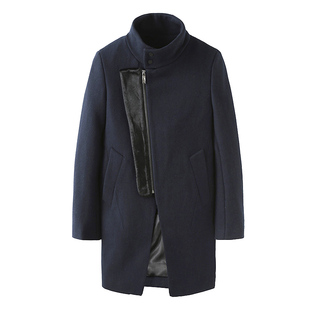 亏本 G牌男装冬中长款毛呢大衣藏青色立领可翻领脱卸毛领呢子外套