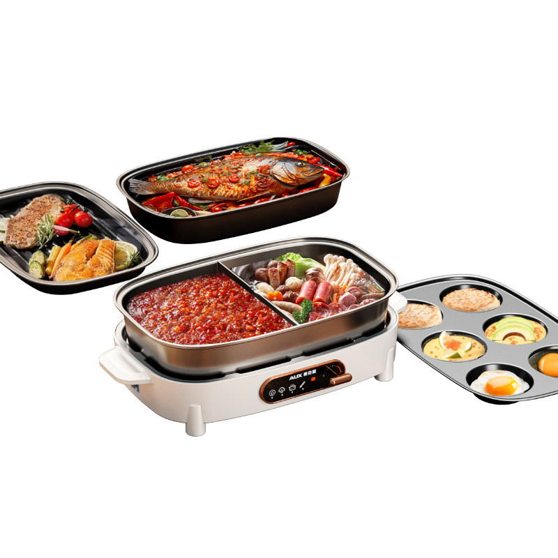 奥克斯多功能料理锅火锅烤肉二合一烤涮一体电煮锅家用烤鱼锅煎锅