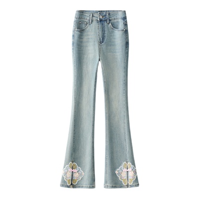 啄木鸟新中式微喇牛仔裤女秋冬季国风刺绣小个子浅色马蹄喇叭裤子