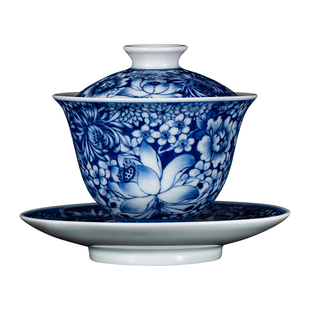 钟家窑陶瓷盖碗手绘万花柴窑青花小号三才泡茶盖碗茶杯高端泡茶器