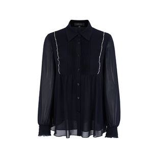 玛俪琳2025秋季新品深蓝色薄款桑蚕丝长袖上衣A1FFW20230