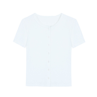 pusumede少女小花边~圆领短袖t恤女单排扣针织开衫气质正肩上衣