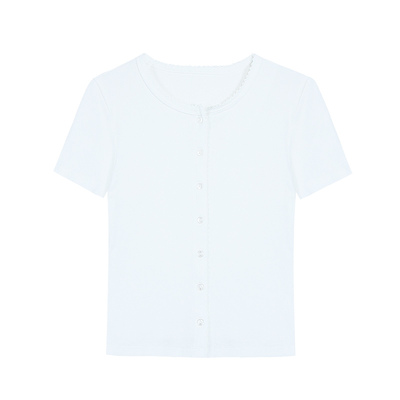 pusumede少女小花边~圆领短袖t恤女单排扣针织开衫气质正肩上衣