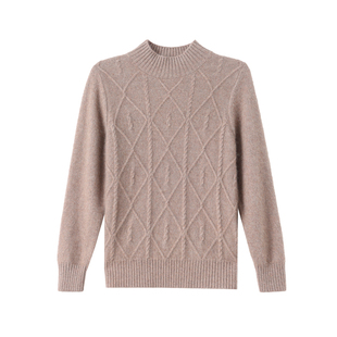 秋冬复古菱格半高领毛衣女套头加厚纯山羊绒衫中老年妈妈装打底衫