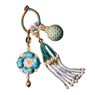 名家宋锦包包挂件蓝色宝相花流苏汽车挂件有球必应高级感钥匙挂件