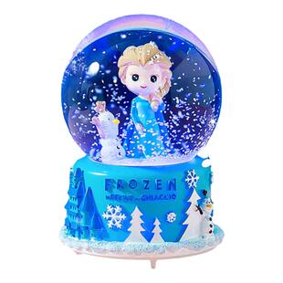 创意冰雪奇缘爱莎公主八音盒水晶球独角兽摆件自动飘雪送生日礼物