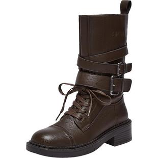 百思图2025冬新款真皮厚底西部靴马丁靴复古粗跟女中筒靴D3625DZ5