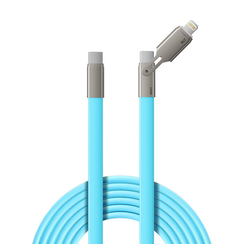 【二合一快充】240W二合一软硅胶扁线双头快充数据线Type-C+Lightning一拖二手机线适用于苹果8-17安卓充