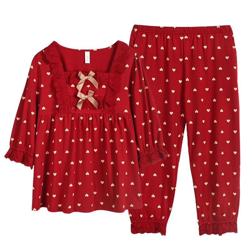 女士纯棉拉架红色家居服套装