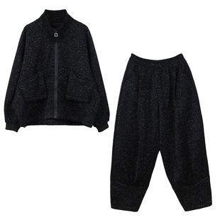 雪尼尔蝙蝠袖短外套女灯笼裤套装2025年秋季新品上衣哈伦裤两件套