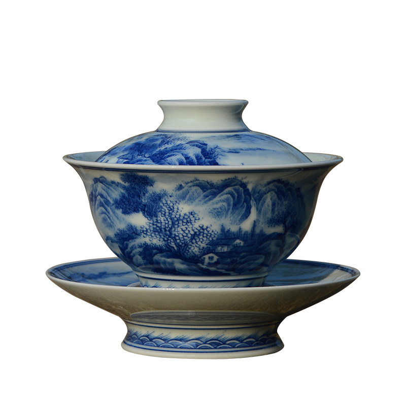 仿古青花瓷山水全手工景德镇盖碗