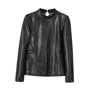 打底衫女2025秋季新款绵羊皮拼接蕾丝衫真皮修身上衣立领长袖小衫