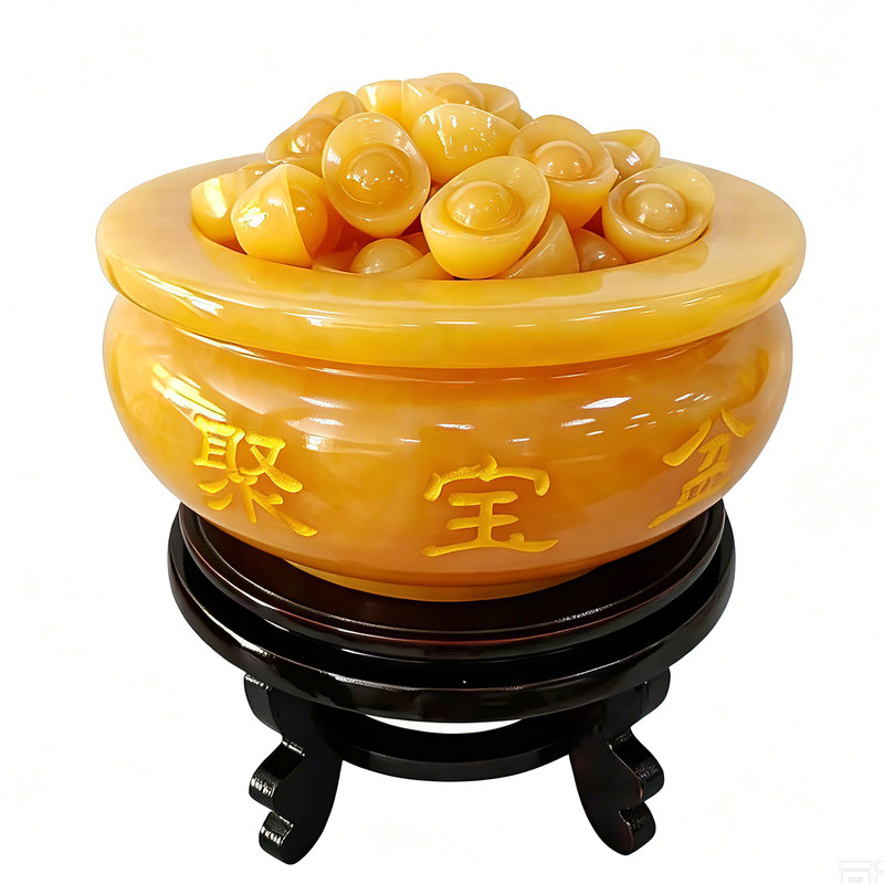 天然黄玉聚宝盆摆件原矿玉石招财