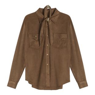 贰羊设计【棕榷】复古时髦领巾仿牛皮绒面长袖衬衫冬新款通勤上衣