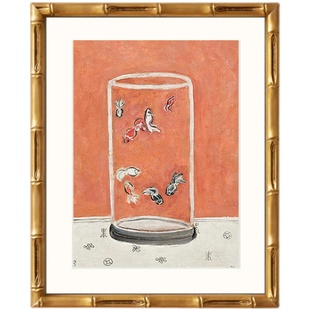 常玉八尾金鱼新中式复古法式小众实木框客厅餐边柜玄关卧室装饰画