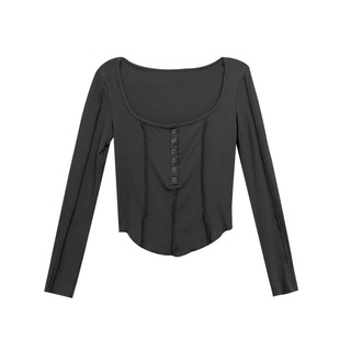 大码胖妹妹欧美风单排扣长袖打底衫春秋新款U领T恤内搭显瘦上衣女