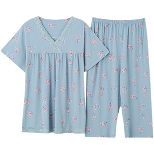 莫代尔睡衣女士夏季短袖短裤薄款棉绸中年妈妈家居服大码两件套装